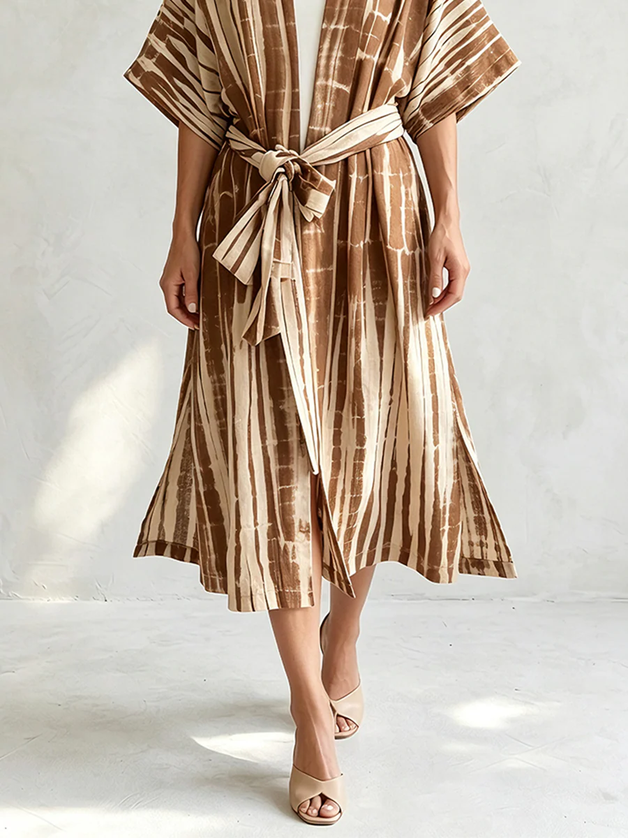 Tie-Dye Stripe Open Front Belted Kimono Cardigan - Image 3