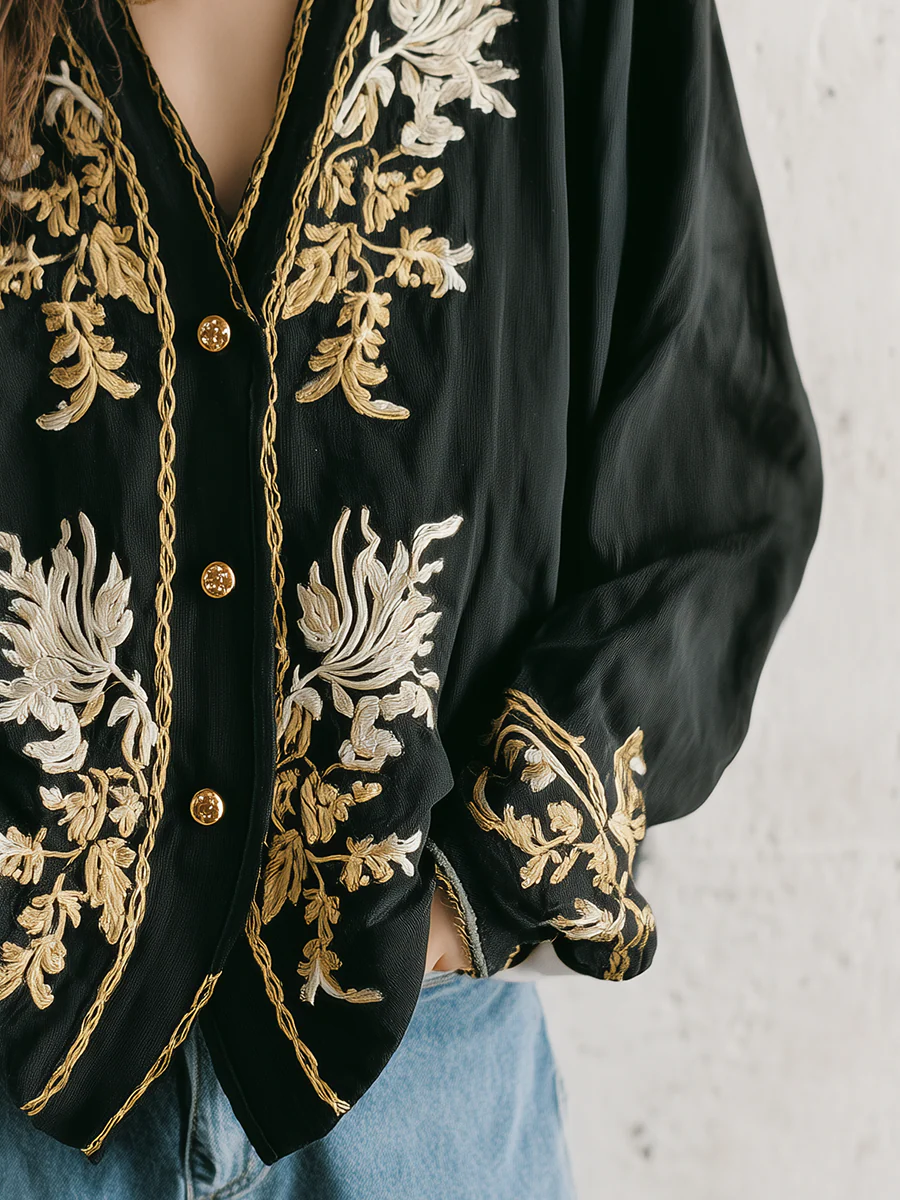 Timeless Black Floral Embroidered Cardigan - Image 3