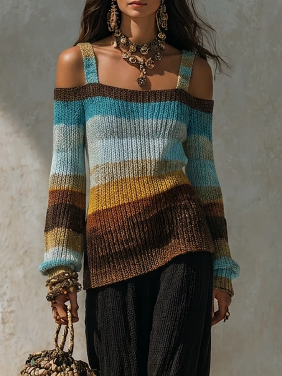 Tummy-Covering Asymmetric Knit Tunic & Palazzo Pants Outfit Set - Image 2