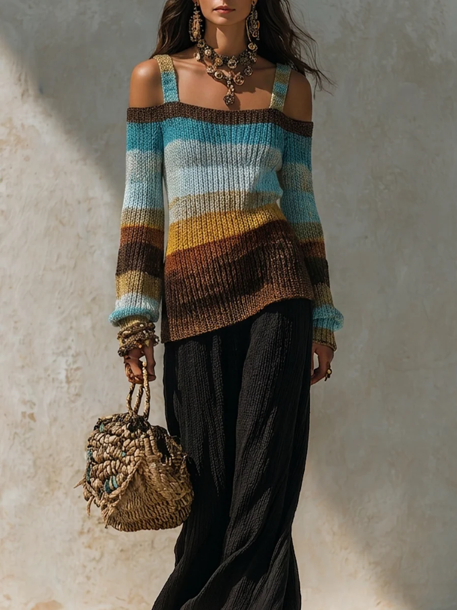 Tummy-Covering Asymmetric Knit Tunic & Palazzo Pants Outfit Set - Image 3