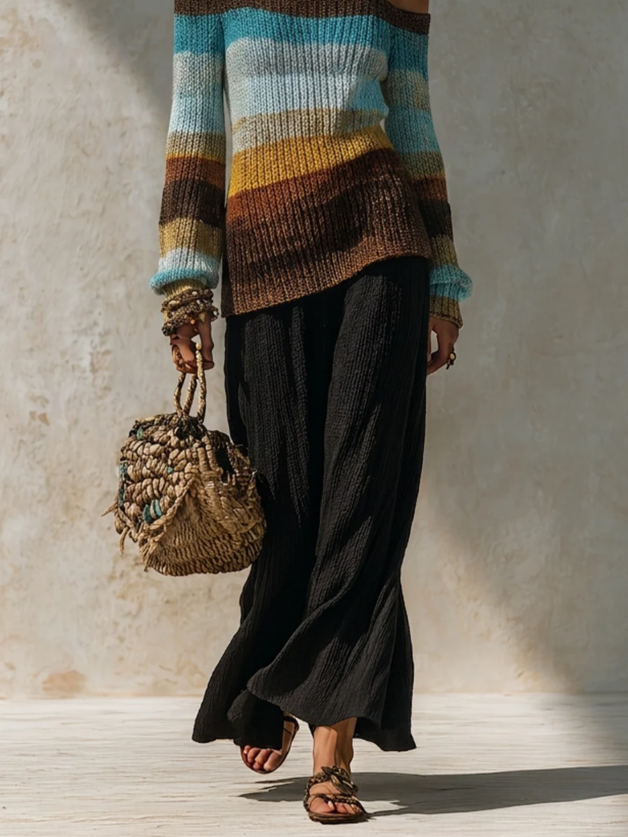 Tummy-Covering Asymmetric Knit Tunic & Palazzo Pants Outfit Set - Image 4