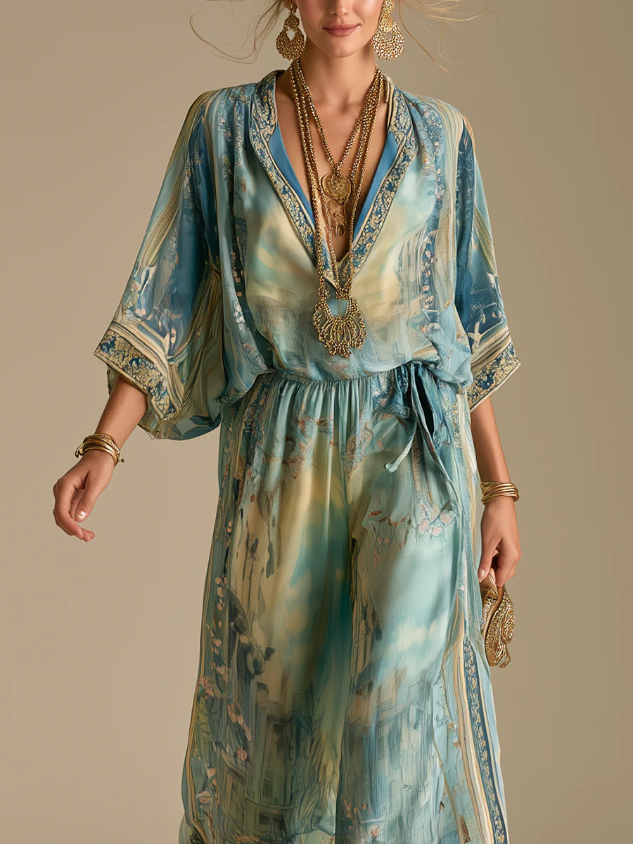 Turquoise Baroque Print Jumpsuit - Image 2