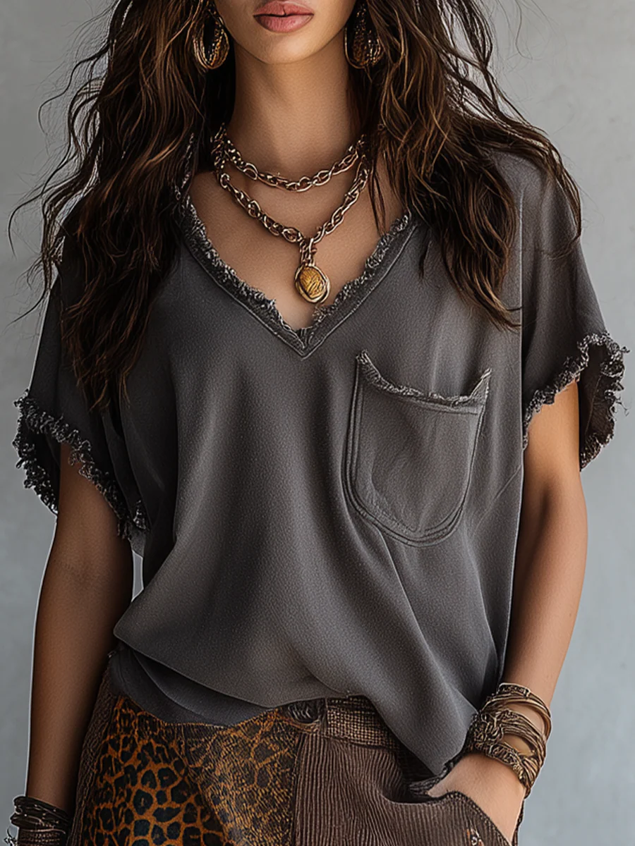 Urban Boho Washed V-Neck Frayed Edge Top - Image 2