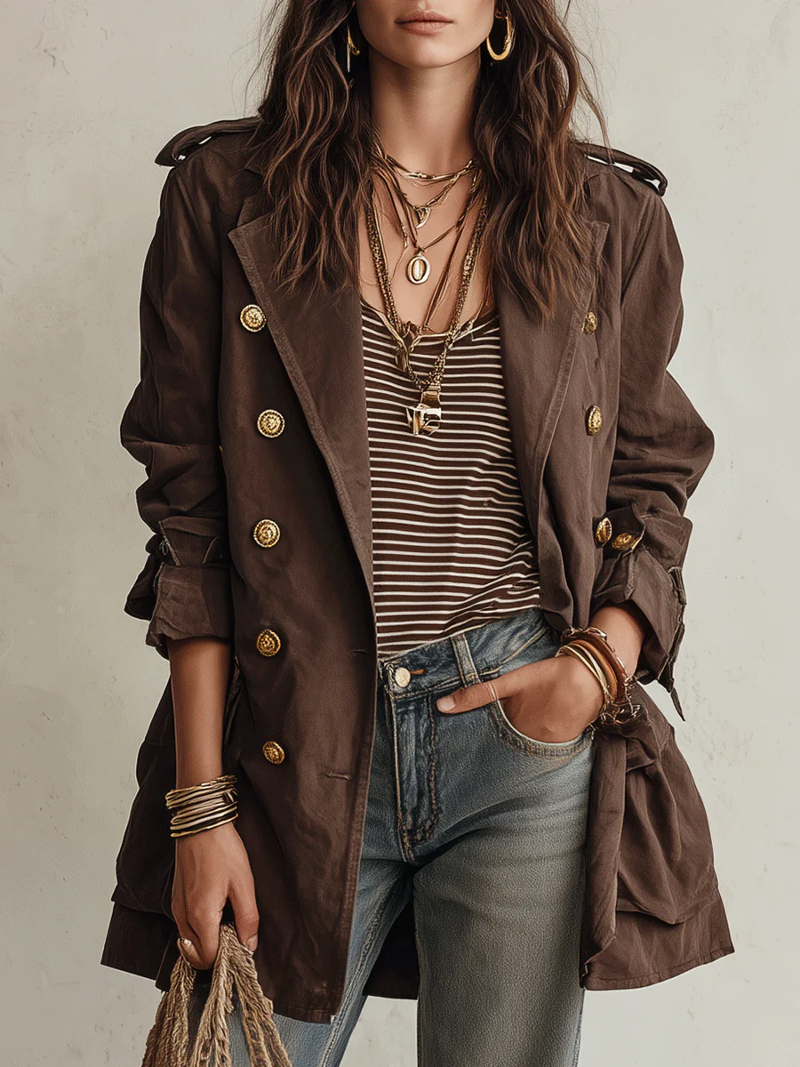 Utility Chic Cotton-Twill Double-Breasted Belted Chocolate Brown Trench Coat