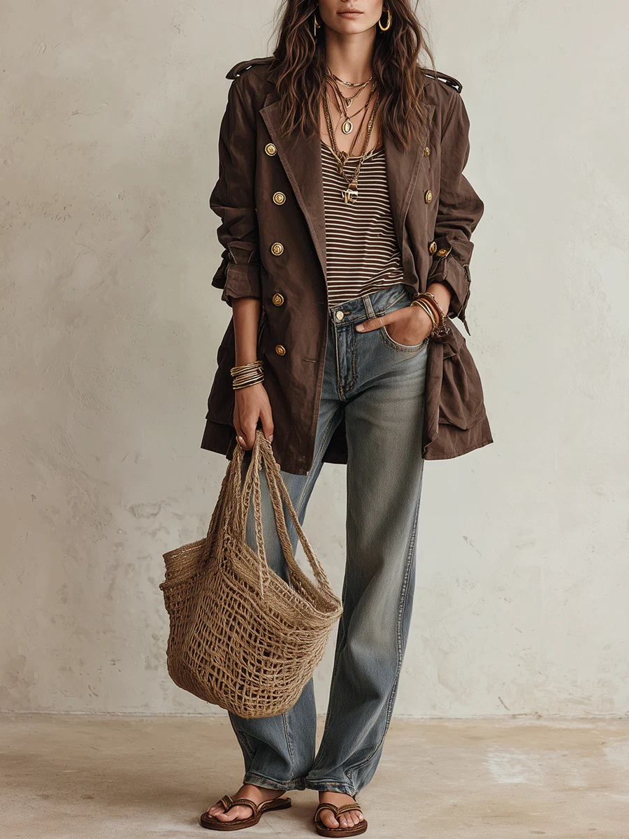 Utility Chic Cotton-Twill Double-Breasted Belted Chocolate Brown Trench Coat - Image 2