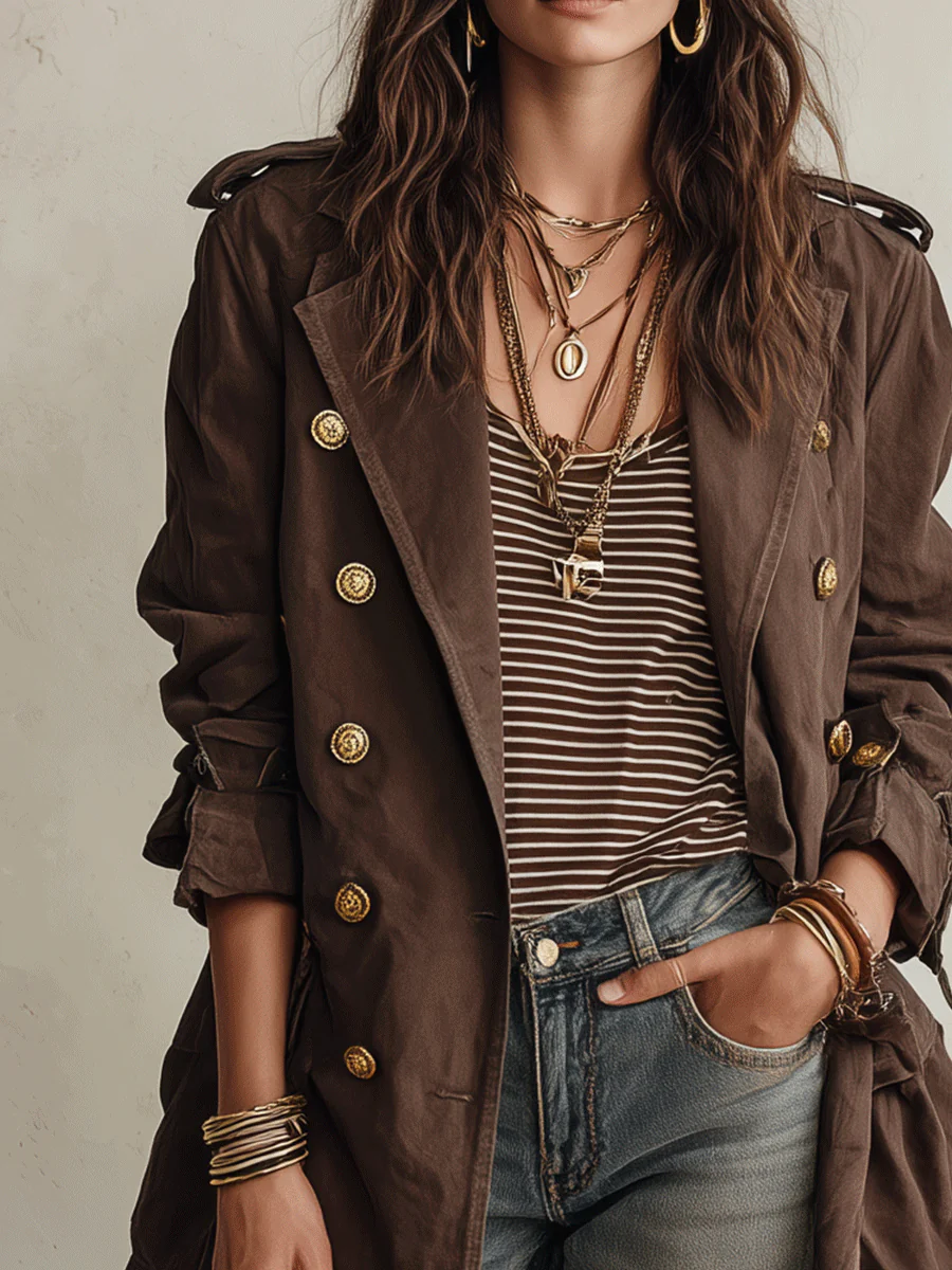 Utility Chic Cotton-Twill Double-Breasted Belted Chocolate Brown Trench Coat - Image 5
