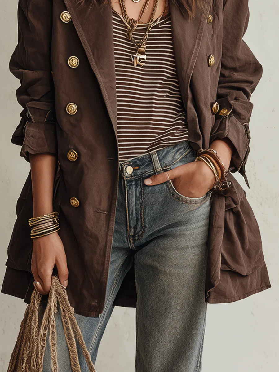 Utility Chic Cotton-Twill Double-Breasted Belted Chocolate Brown Trench Coat - Image 6