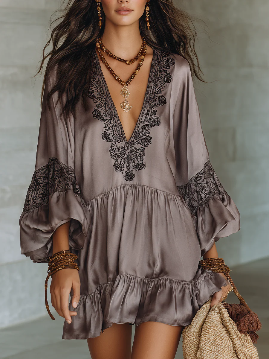 Vacation Dinner Flowy Satin Lace Tunic Mini Dress