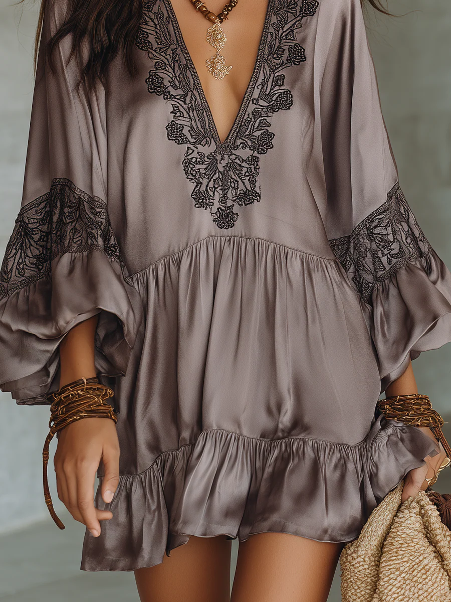 Vacation Dinner Flowy Satin Lace Tunic Mini Dress - Image 2