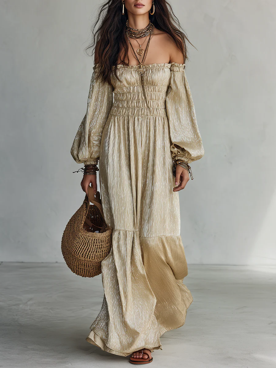 Vacation-to-Dinner Champagne Off Shoulder Maxi Dress
