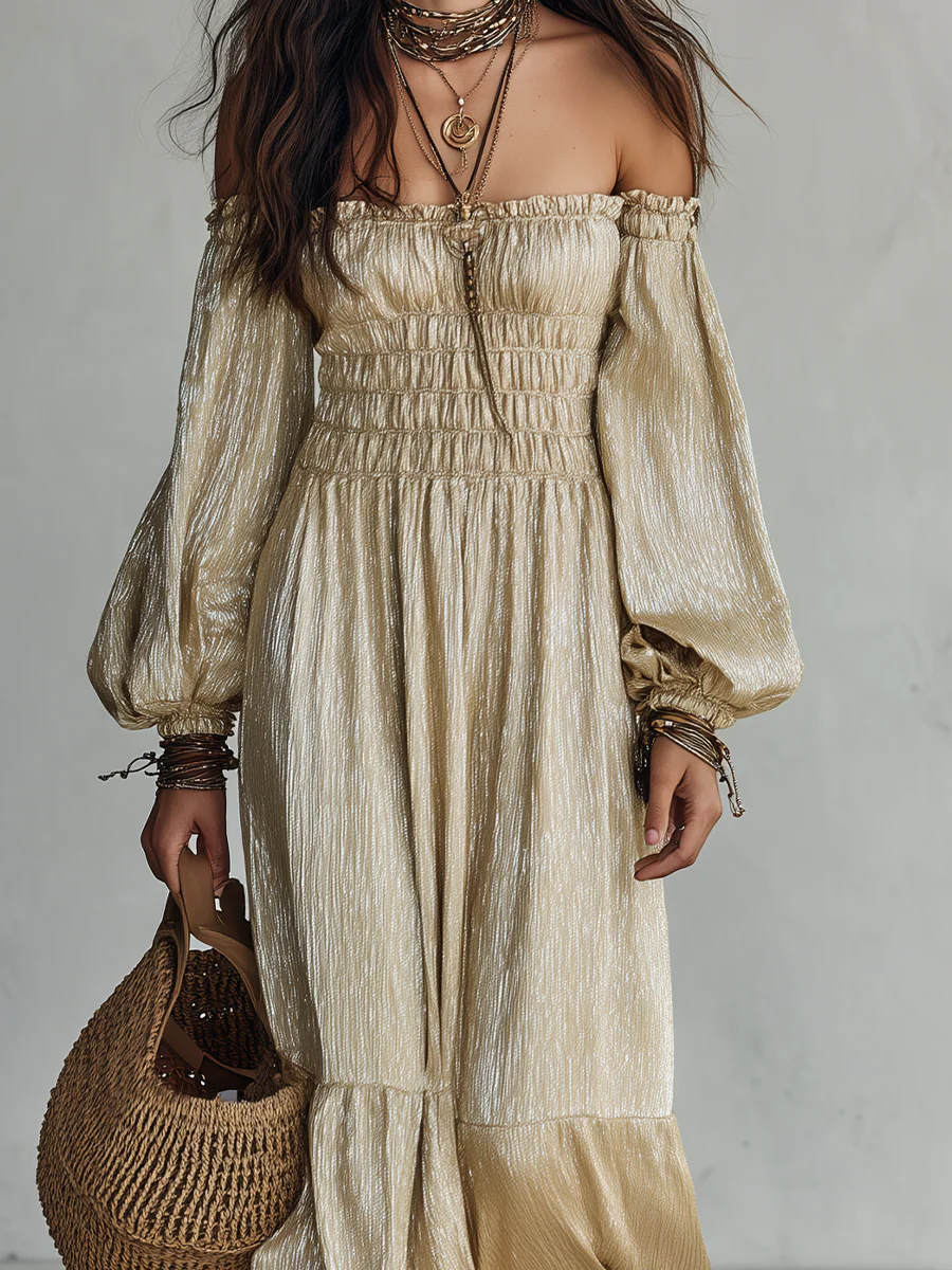 Vacation-to-Dinner Champagne Off Shoulder Maxi Dress - Image 2