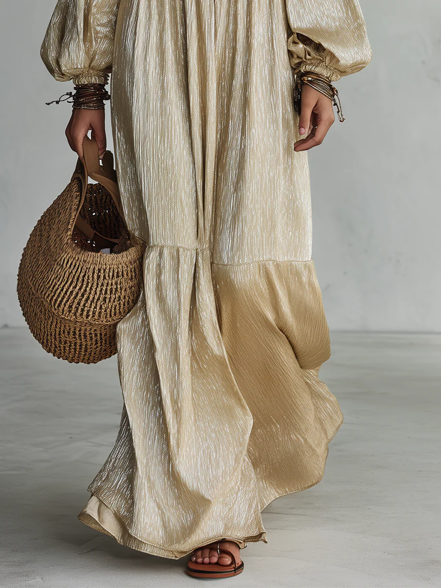 Vacation-to-Dinner Champagne Off Shoulder Maxi Dress - Image 3