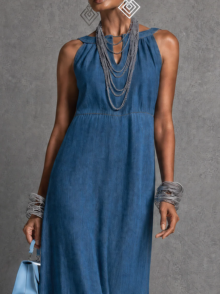 Vacation-to-Dinner Sleeveless Denim Tulle Midi Dress - Image 2