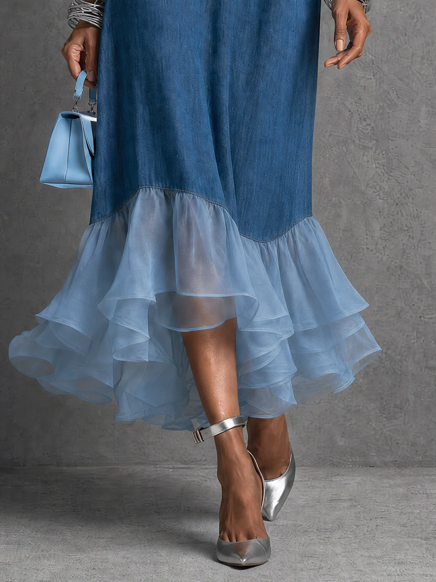 Vacation-to-Dinner Sleeveless Denim Tulle Midi Dress - Image 3
