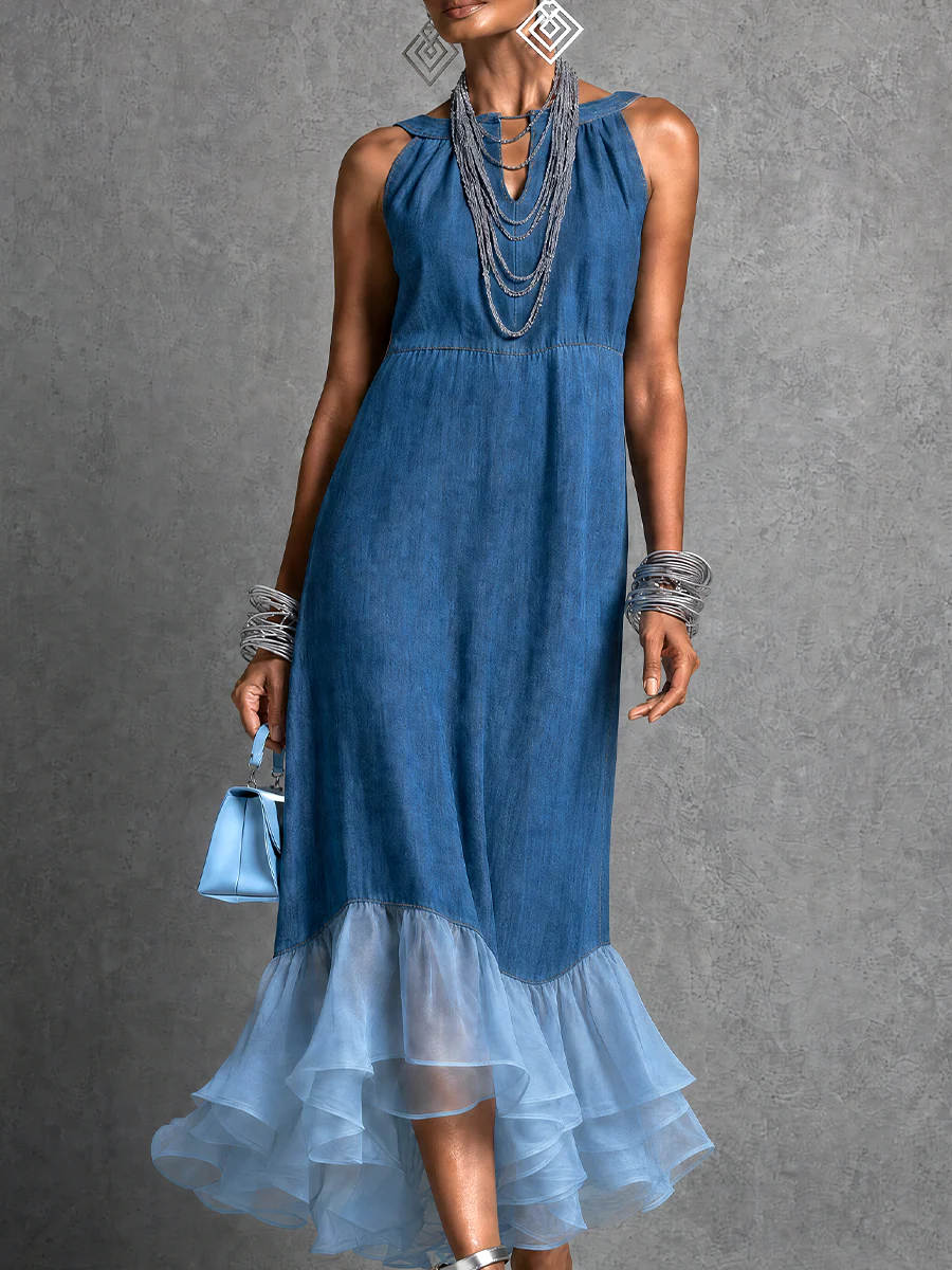Vacation-to-Dinner Sleeveless Denim Tulle Midi Dress - Image 4