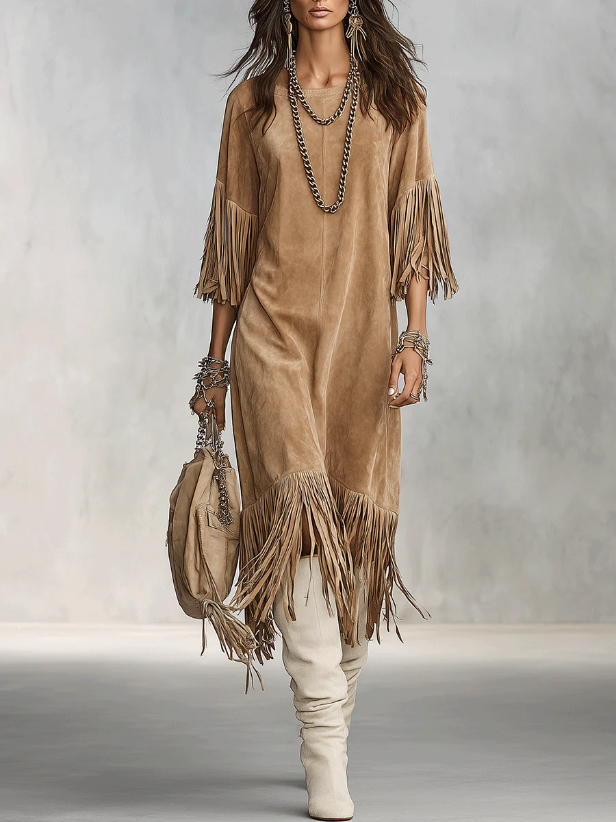 Vintage Faux Suede Oversized Sand Fringe Shift Midi Dress