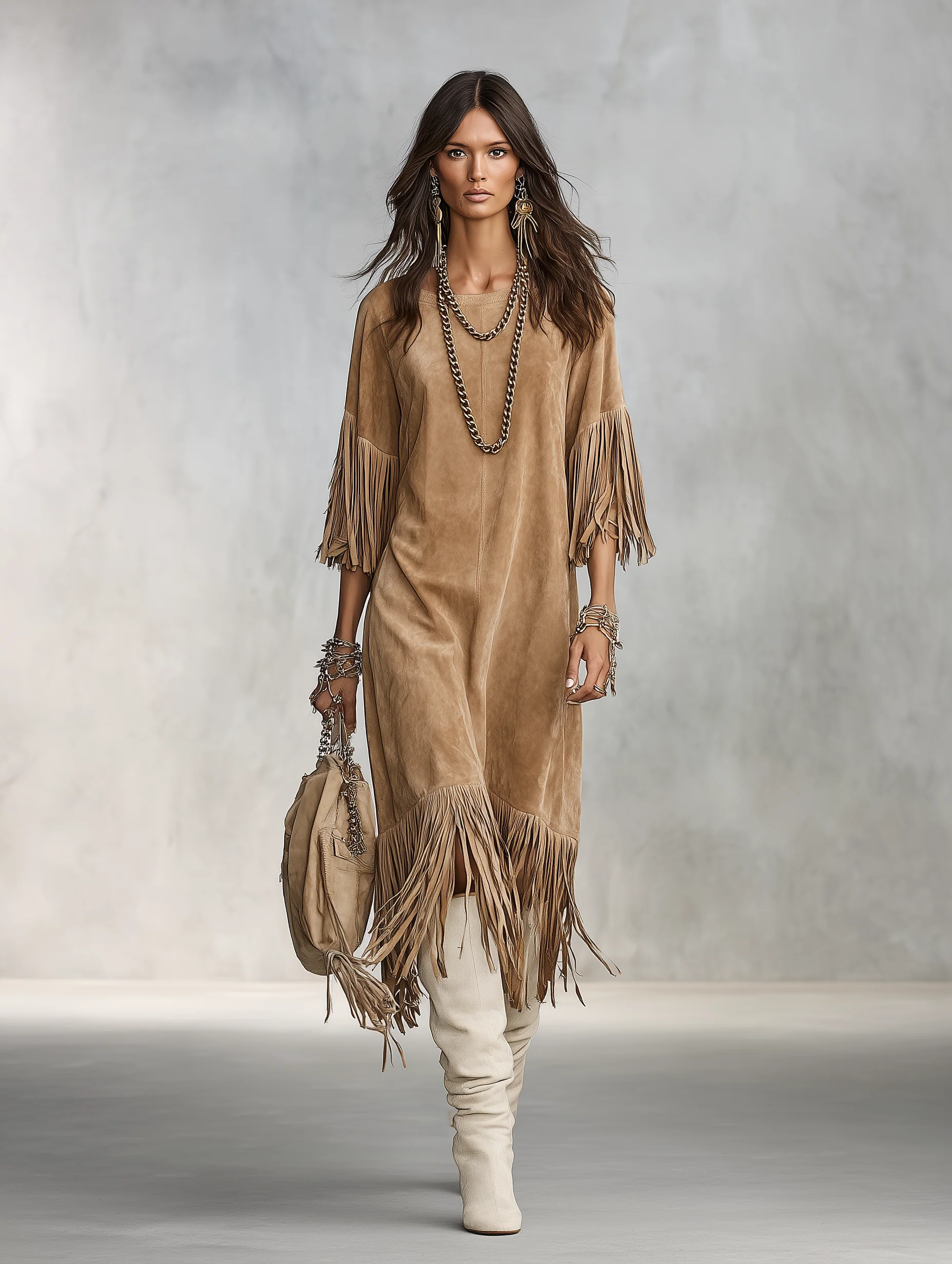 Vintage Faux Suede Oversized Sand Fringe Shift Midi Dress - Image 2