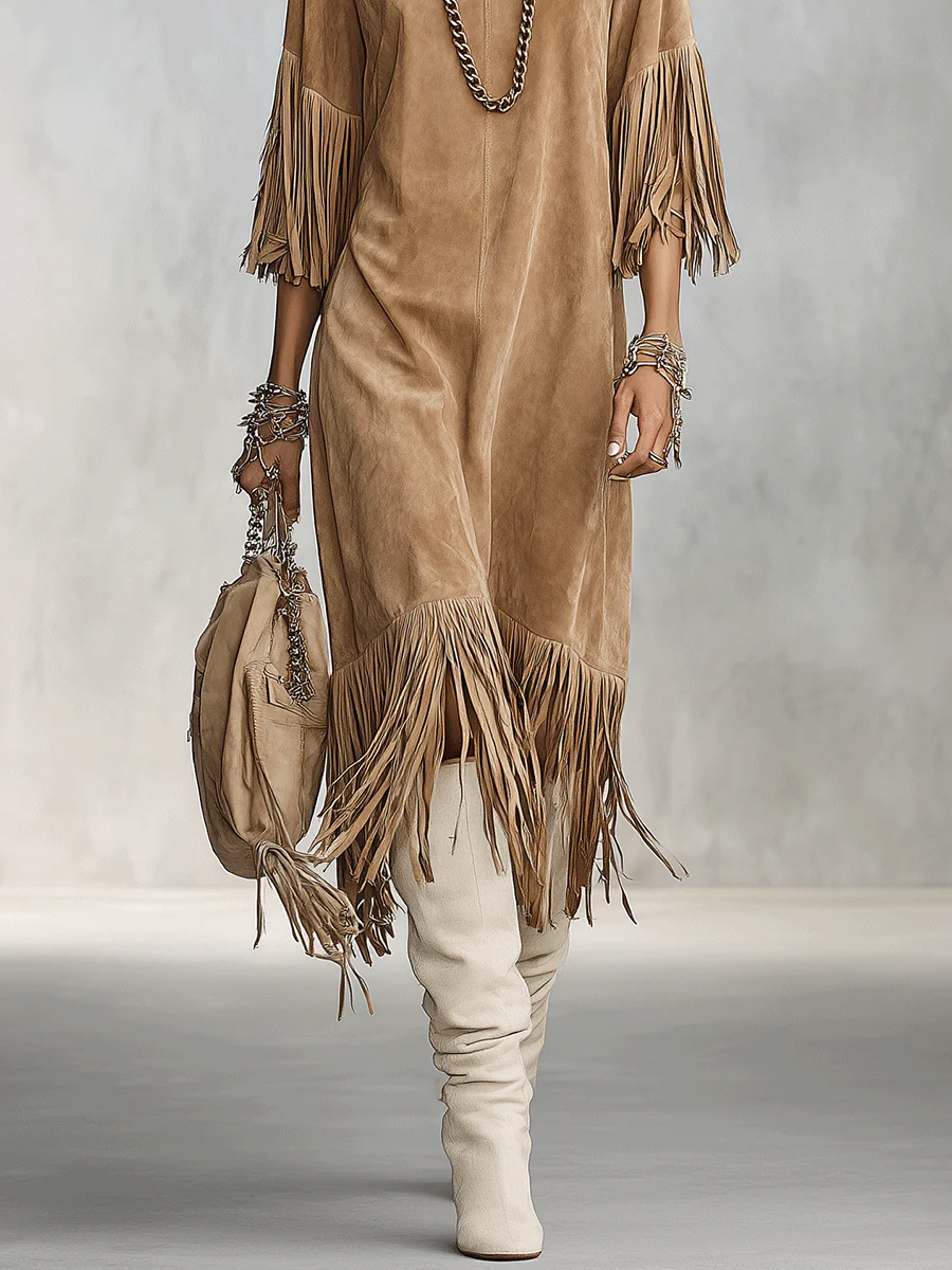 Vintage Faux Suede Oversized Sand Fringe Shift Midi Dress - Image 3