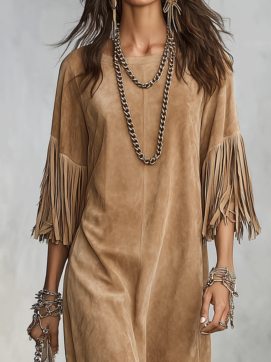 Vintage Faux Suede Oversized Sand Fringe Shift Midi Dress - Image 4