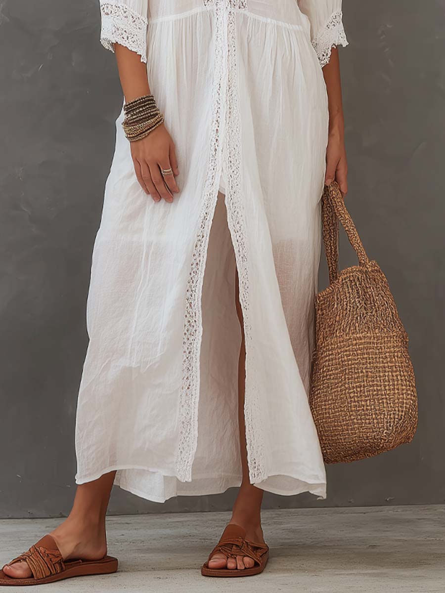 Vintage Lace-trimmed Cotton Linen Shirt Midi Dress - Image 4