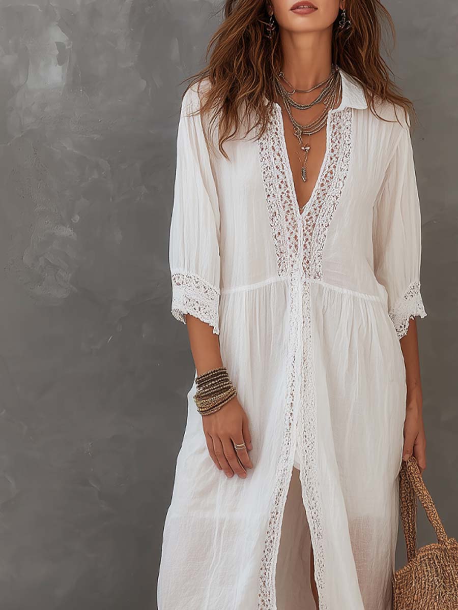 Vintage Lace-trimmed Cotton Linen Shirt Midi Dress - Image 5