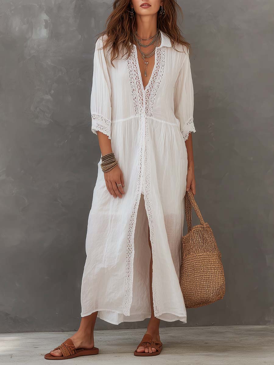 Vintage Lace-trimmed Cotton Linen Shirt Midi Dress - Image 6