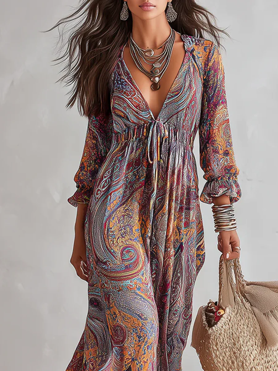 Vintage Paisley Print V neck Dress With Tie Waist - Image 2