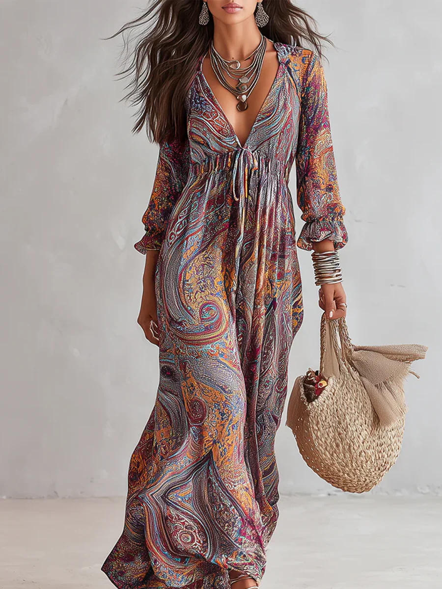 Vintage Paisley Print V neck Dress With Tie Waist - Image 3