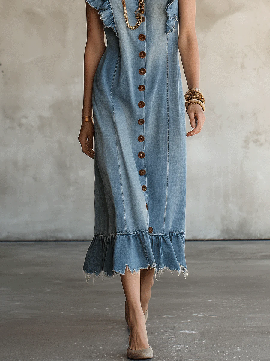 Vintage Western Cotton-Denim Flutter-Sleeve Ruffle-Trim Blue Midi Dress - Image 3