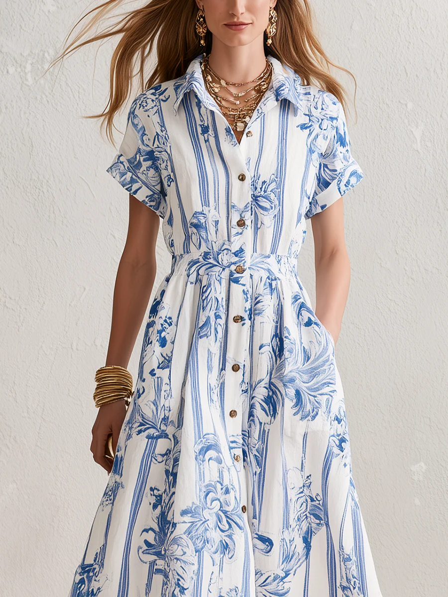 Vintage White Blue Floral Stripe Shirt Midi Dress - Image 2