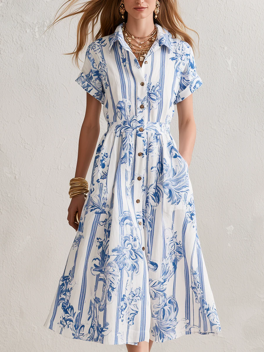 Vintage White Blue Floral Stripe Shirt Midi Dress - Image 3