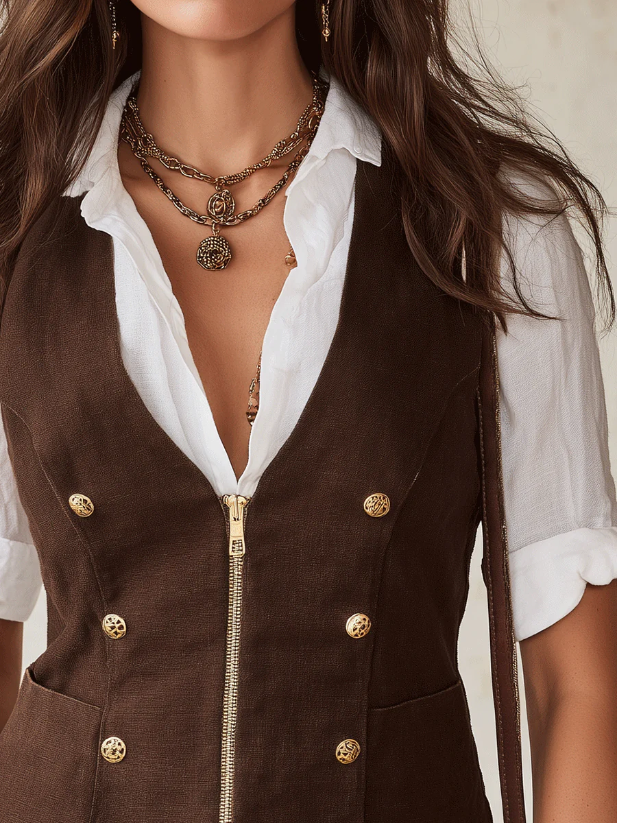 Western Boho Cotton-Linen Slim-Fit V-Neck Brown Waistcoat - Image 2