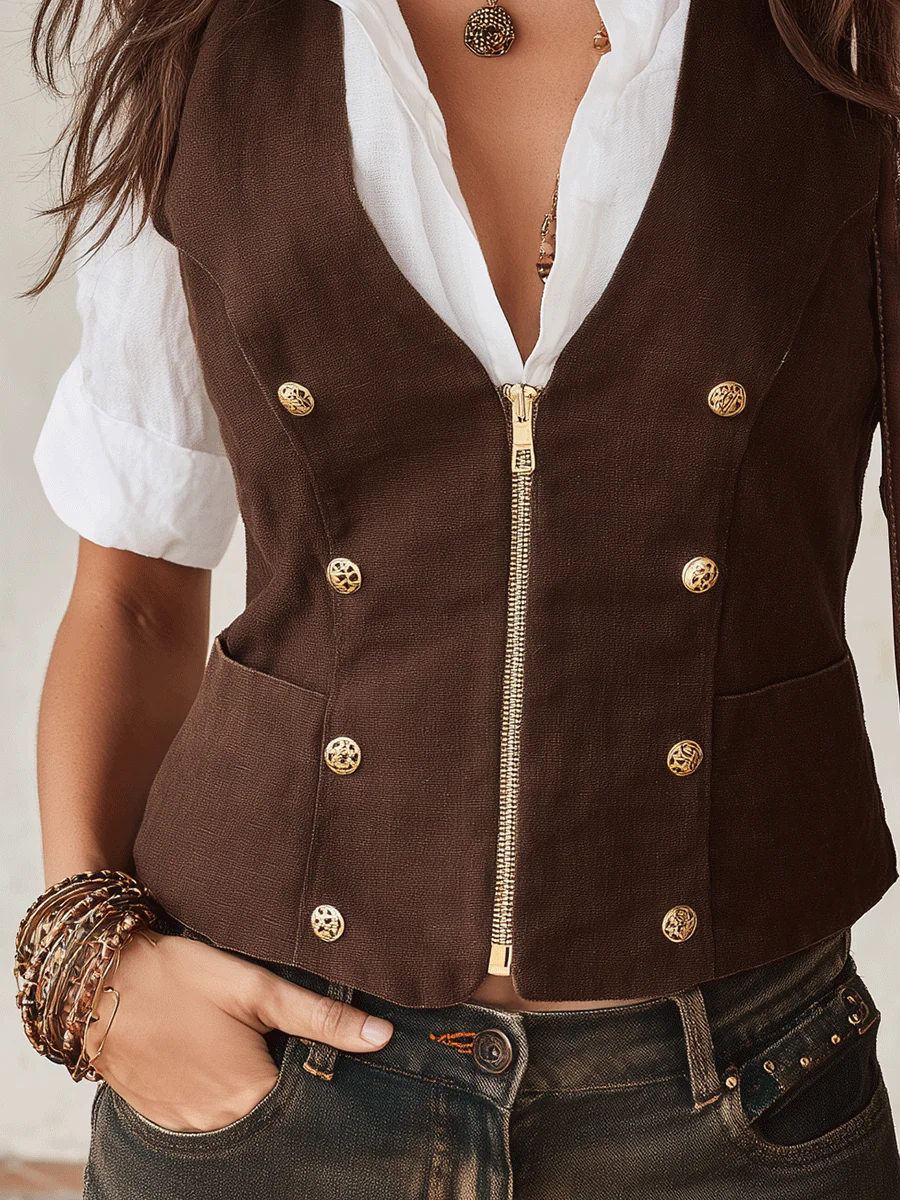 Western Boho Cotton-Linen Slim-Fit V-Neck Brown Waistcoat - Image 3