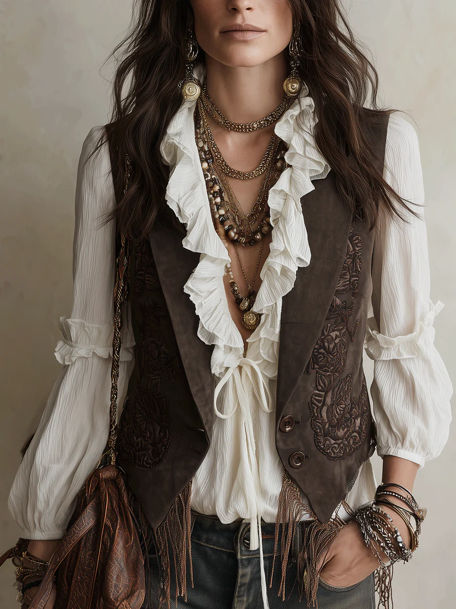 Western Boho Suede Embossed Lace-Up Brown Vest