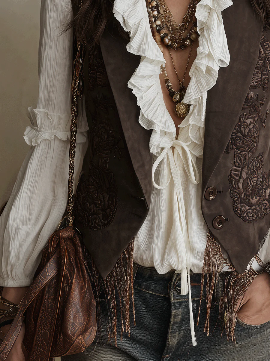 Western Boho Suede Embossed Lace-Up Brown Vest - Image 2