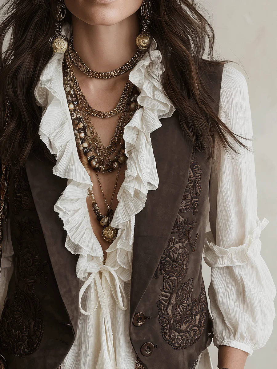 Western Boho Suede Embossed Lace-Up Brown Vest - Image 3