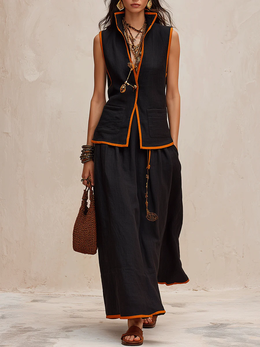 Western Chic Linen Stand-Collar Open-Front Black & Rust Maxi Skirt Set