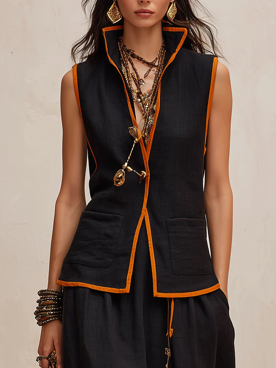 Western Chic Linen Stand-Collar Open-Front Black & Rust Maxi Skirt Set - Image 2