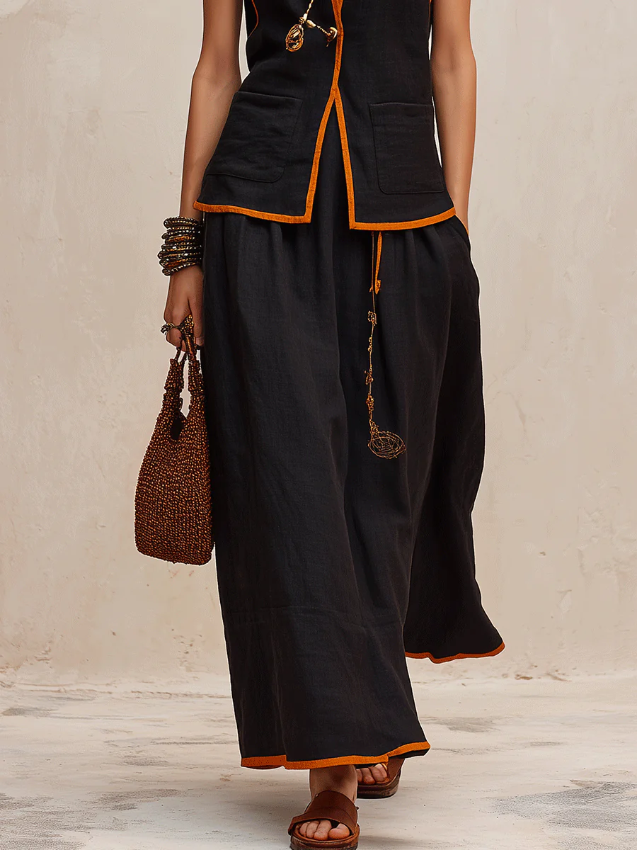 Western Chic Linen Stand-Collar Open-Front Black & Rust Maxi Skirt Set - Image 3