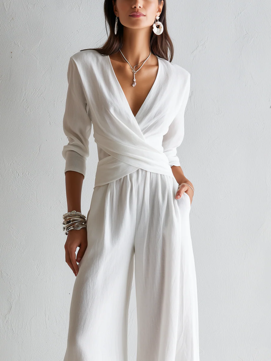 White Cotton Linen Wrap Top And Wide Leg Pants Suit - Image 2