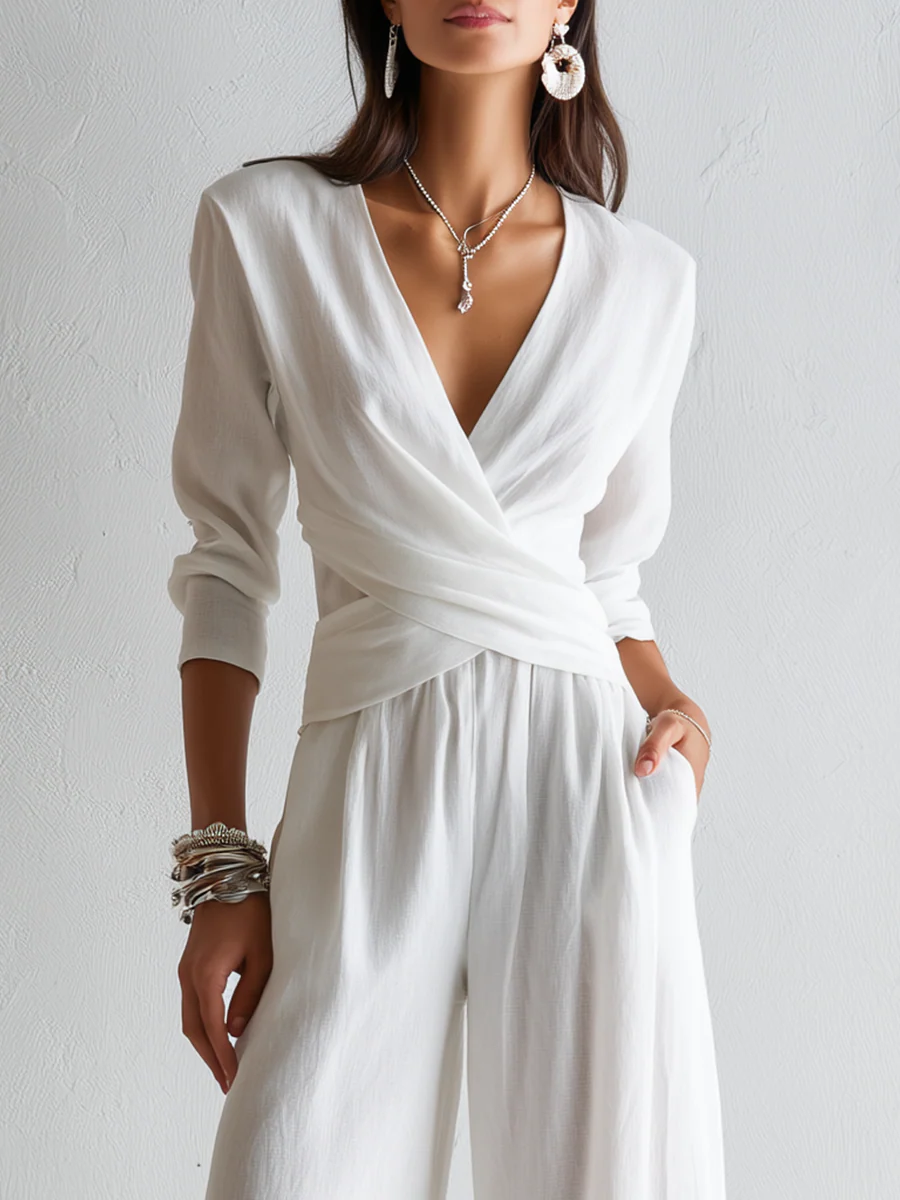 White Cotton Linen Wrap Top And Wide Leg Pants Suit - Image 3