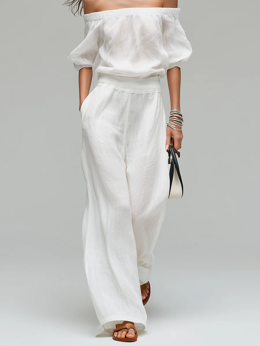 White Off-the-shoulder Linen Blend Top And Wide-leg Pants Set - Image 3