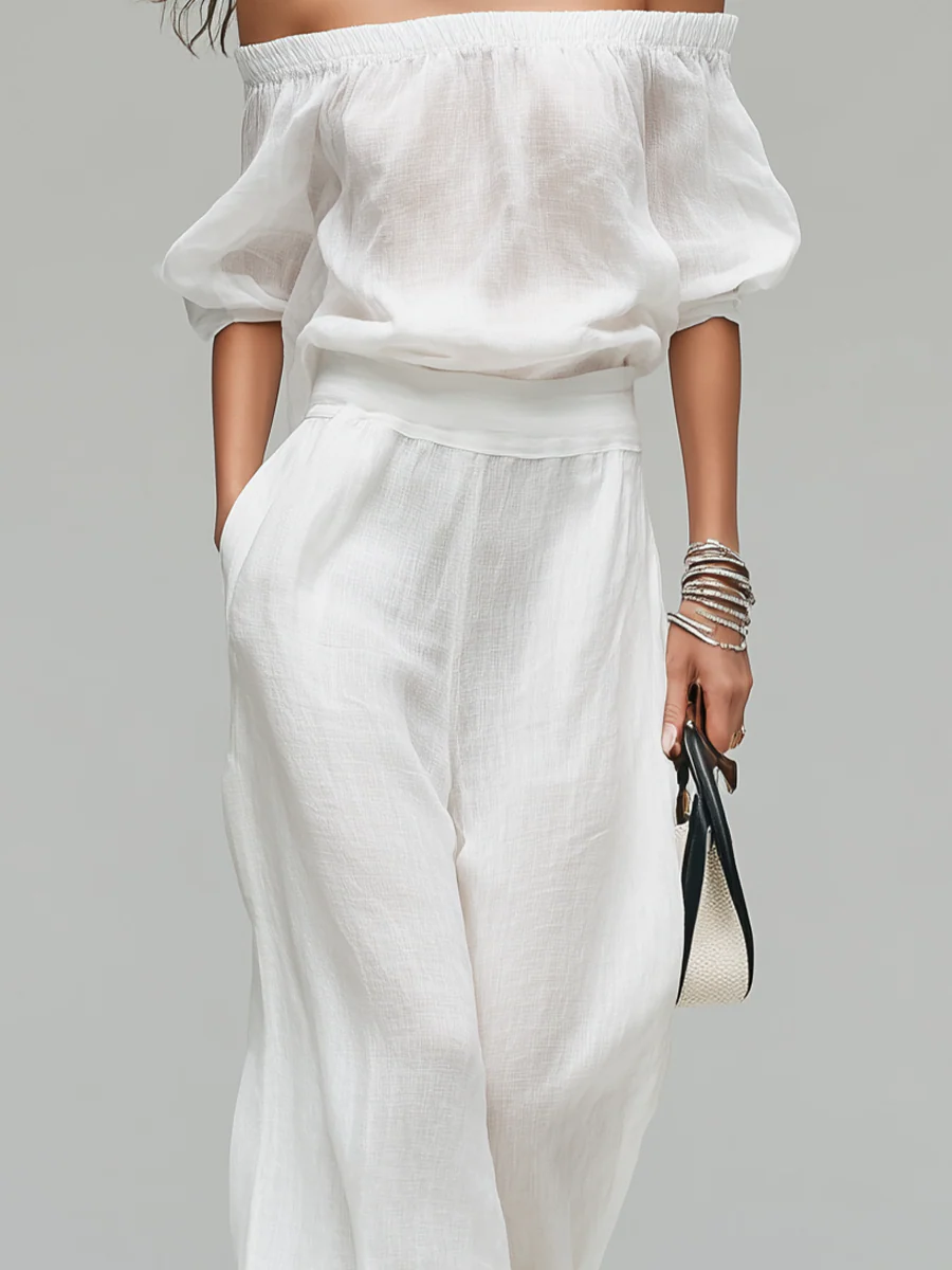 White Off-the-shoulder Linen Blend Top And Wide-leg Pants Set - Image 4