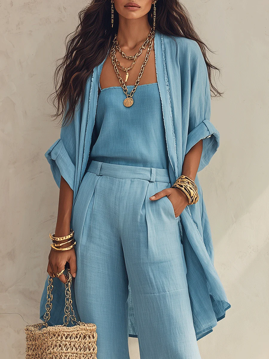 Women's 3-Piece Set Open Front Kimono Cardigan Cami Top Wide Leg Pants Casual Linen Look Outfit - Image 2