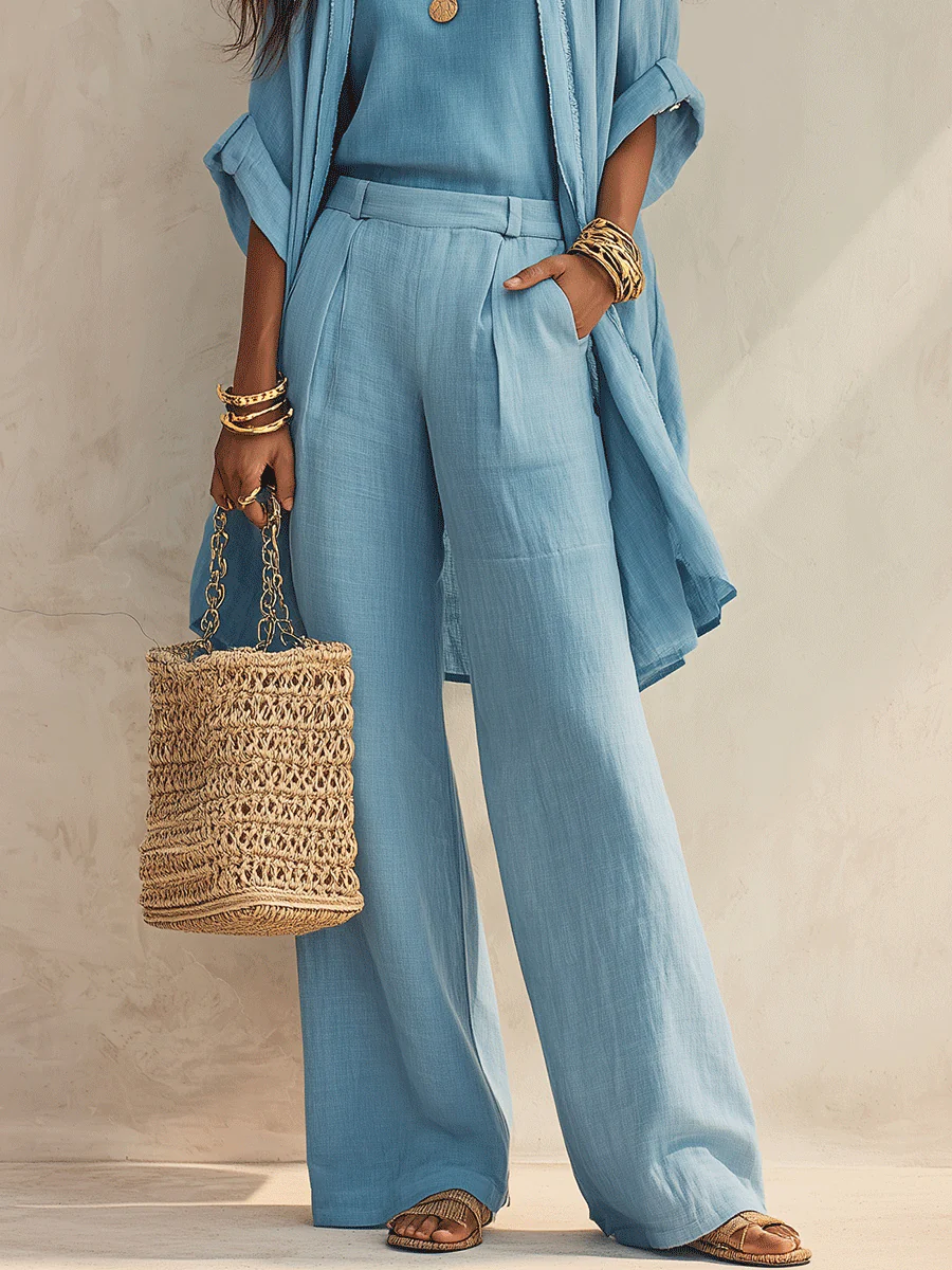 Women's 3-Piece Set Open Front Kimono Cardigan Cami Top Wide Leg Pants Casual Linen Look Outfit - Image 3