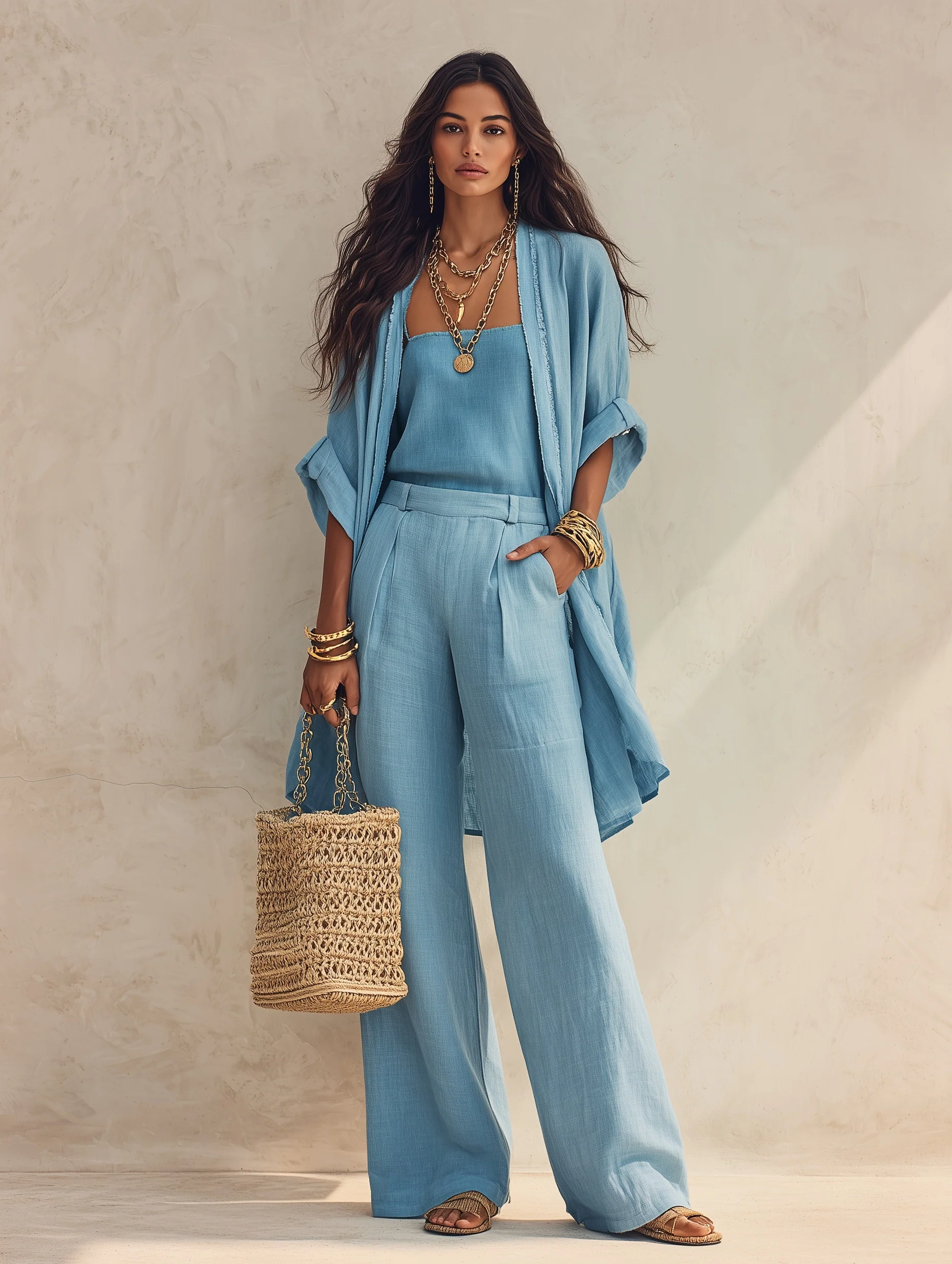 Women's 3-Piece Set Open Front Kimono Cardigan Cami Top Wide Leg Pants Casual Linen Look Outfit - Image 4