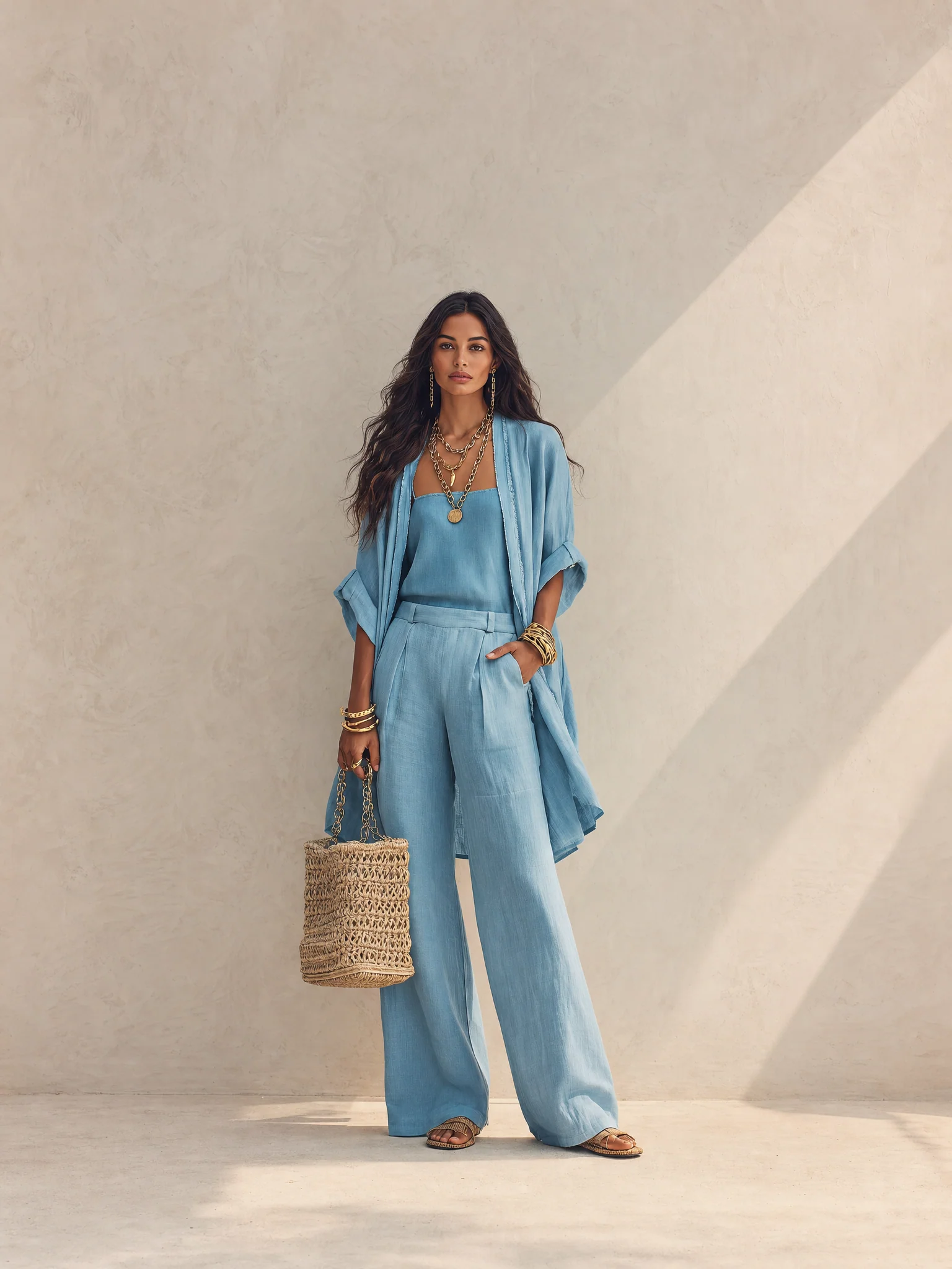 Women's 3-Piece Set Open Front Kimono Cardigan Cami Top Wide Leg Pants Casual Linen Look Outfit - Image 5