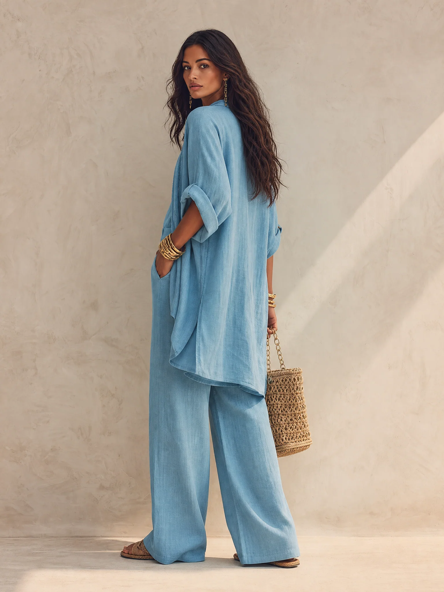 Women's 3-Piece Set Open Front Kimono Cardigan Cami Top Wide Leg Pants Casual Linen Look Outfit - Image 6
