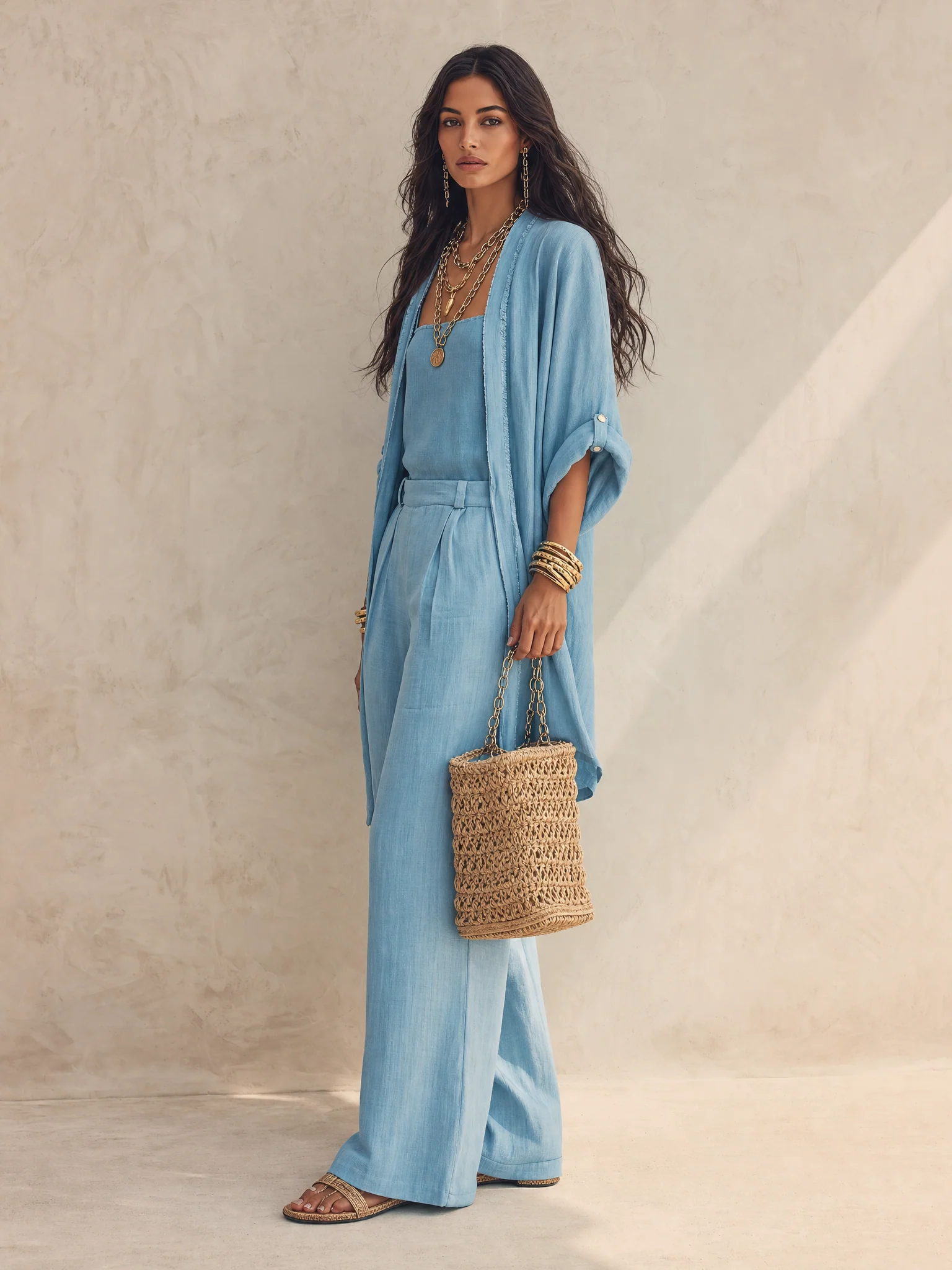 Women's 3-Piece Set Open Front Kimono Cardigan Cami Top Wide Leg Pants Casual Linen Look Outfit - Image 7