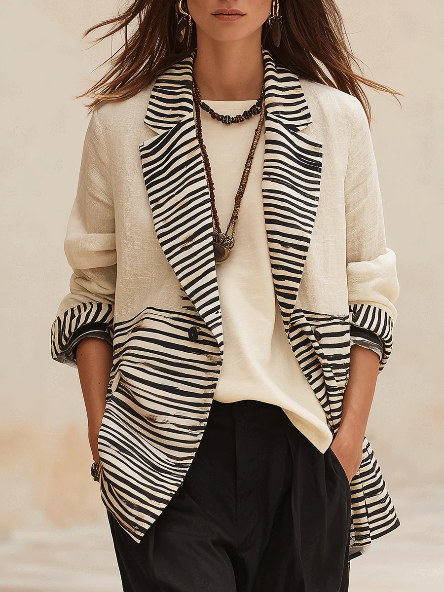 Women's Linen Blend With Zebra Print Contrast Lapel Blazer